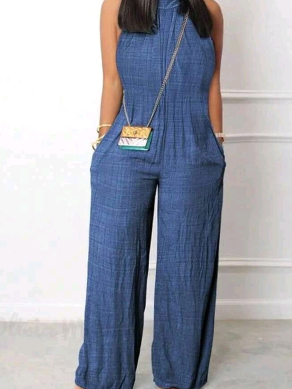 Sleeveless Wide-Leg Blue Jumpsuit